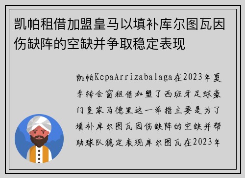 凯帕租借加盟皇马以填补库尔图瓦因伤缺阵的空缺并争取稳定表现