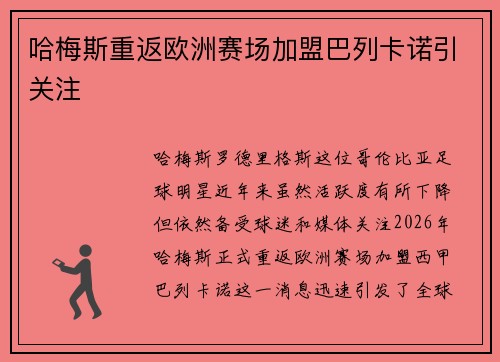 哈梅斯重返欧洲赛场加盟巴列卡诺引关注