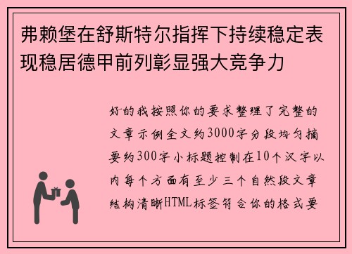 弗赖堡在舒斯特尔指挥下持续稳定表现稳居德甲前列彰显强大竞争力